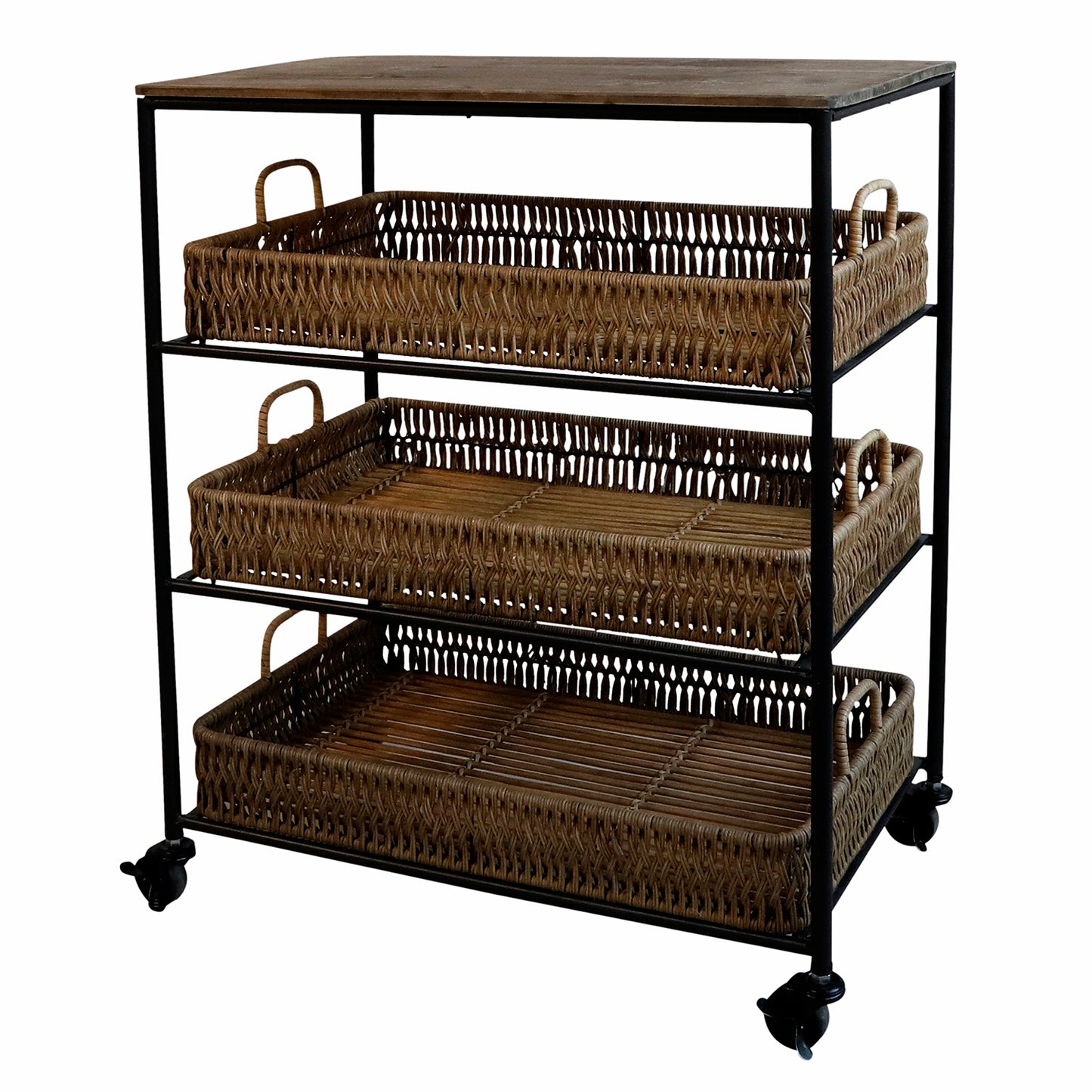 Rustic Style Trolley On Wheels with Wicker Trays