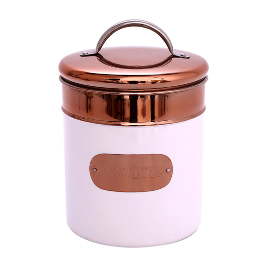 White Biscuit Barrel With Airtight Copper Colour Lid 