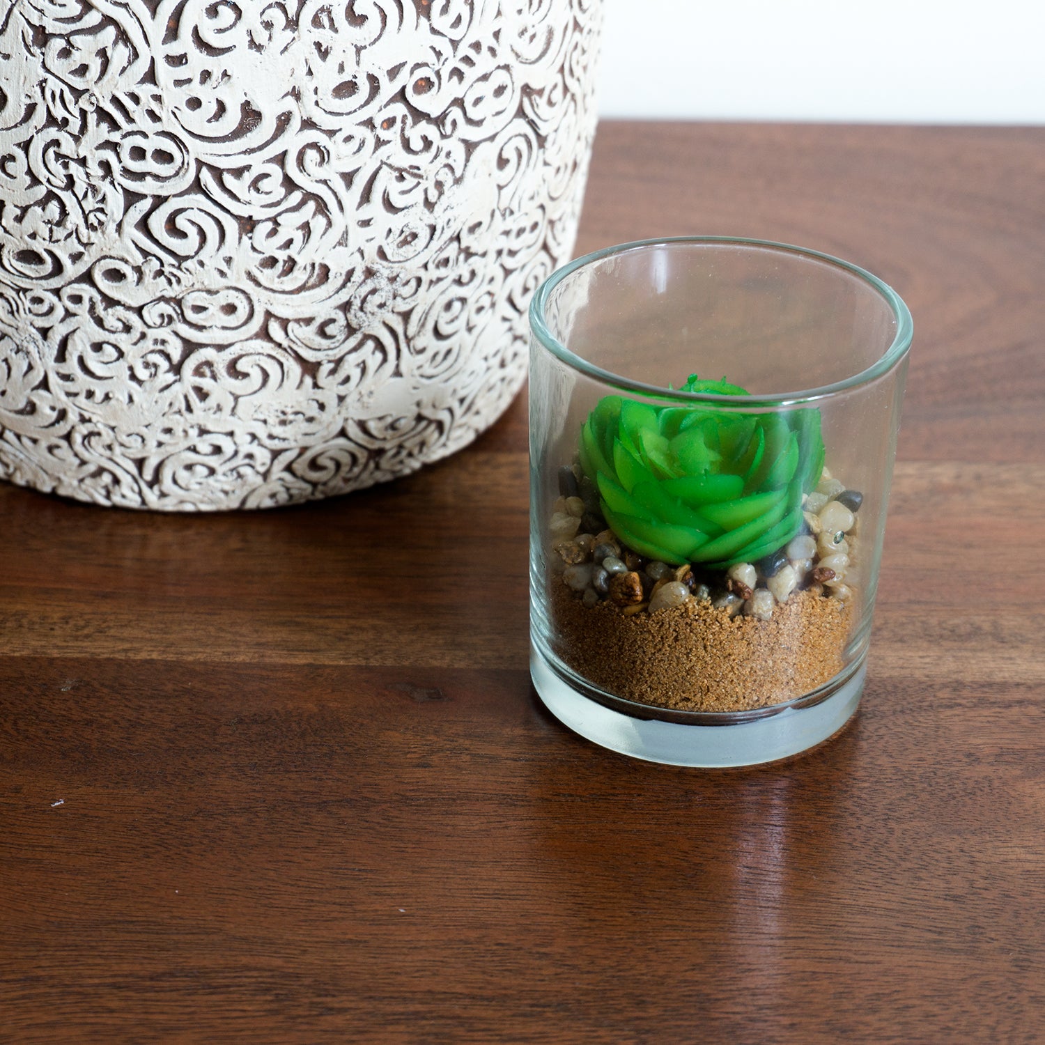Small Artificial Succulent Cactus Cacti Plant In Glass Pot With Stones