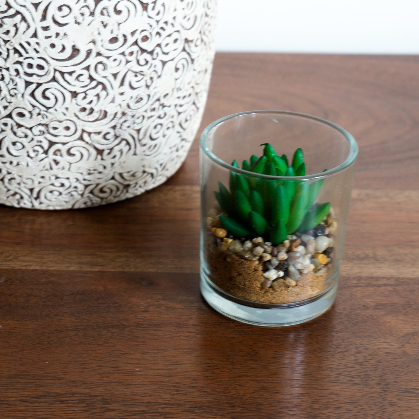 Small Artificial Succulent Cactus Cacti Plant In Glass Pot With Stones