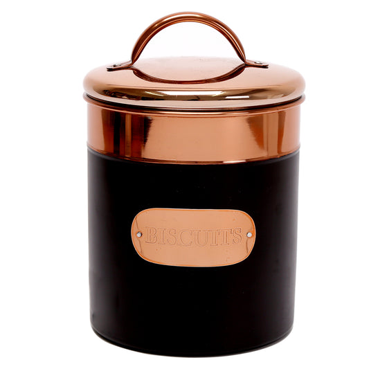 Black & Copper Airtight Metal Biscuit Storage Barrel
