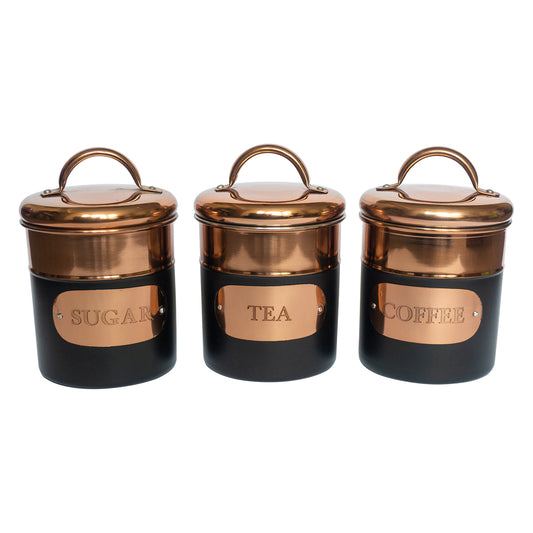 Black & Copper Metal Tea Coffee Sugar Storage Canister Set