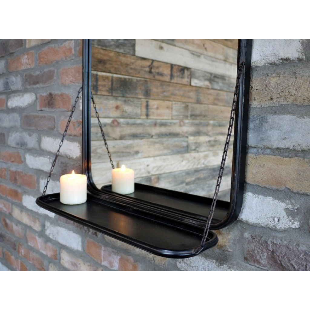 Industrial Style Wall Mirror With Display Shelf - Black