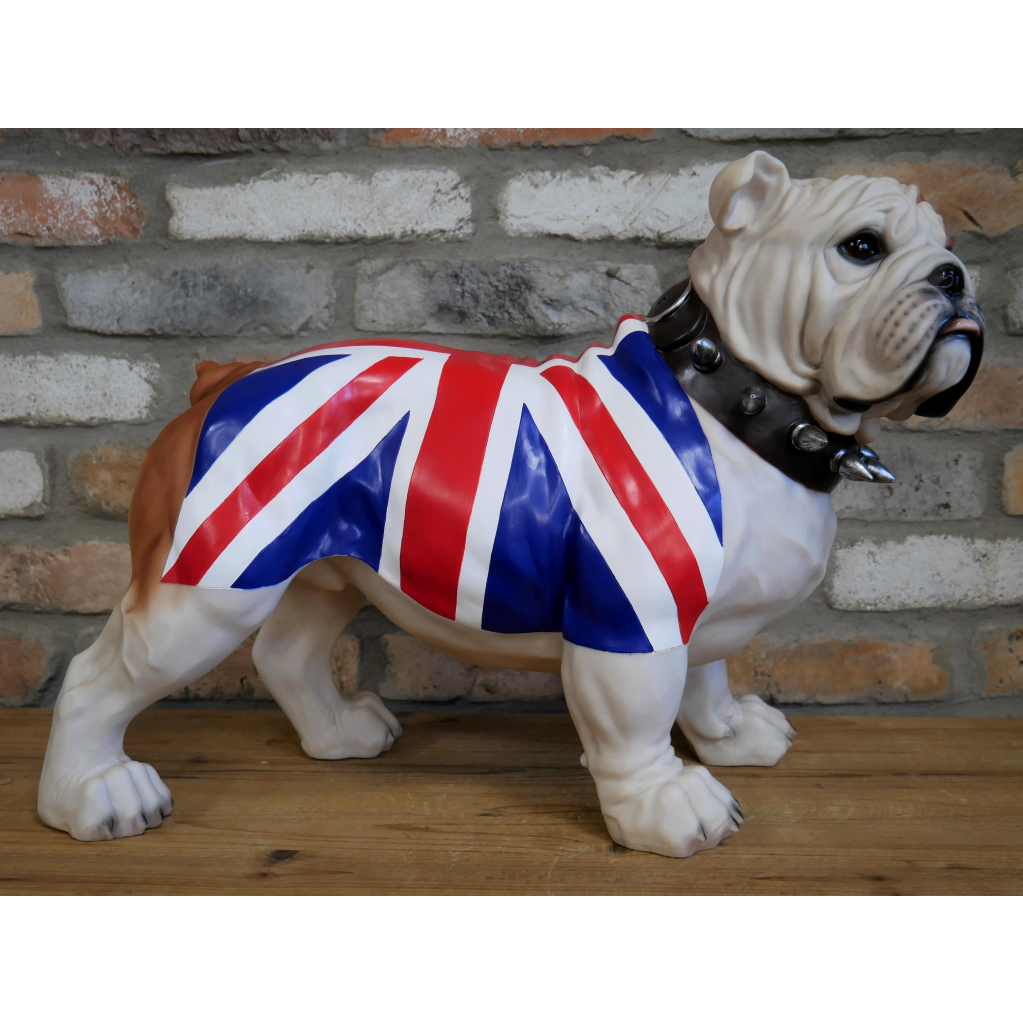 Sitting British Bulldog Figurine With Union Jack Flag And Spiked Collar