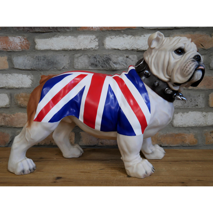 Sitting British Bulldog Figurine With Union Jack Flag And Spiked Collar