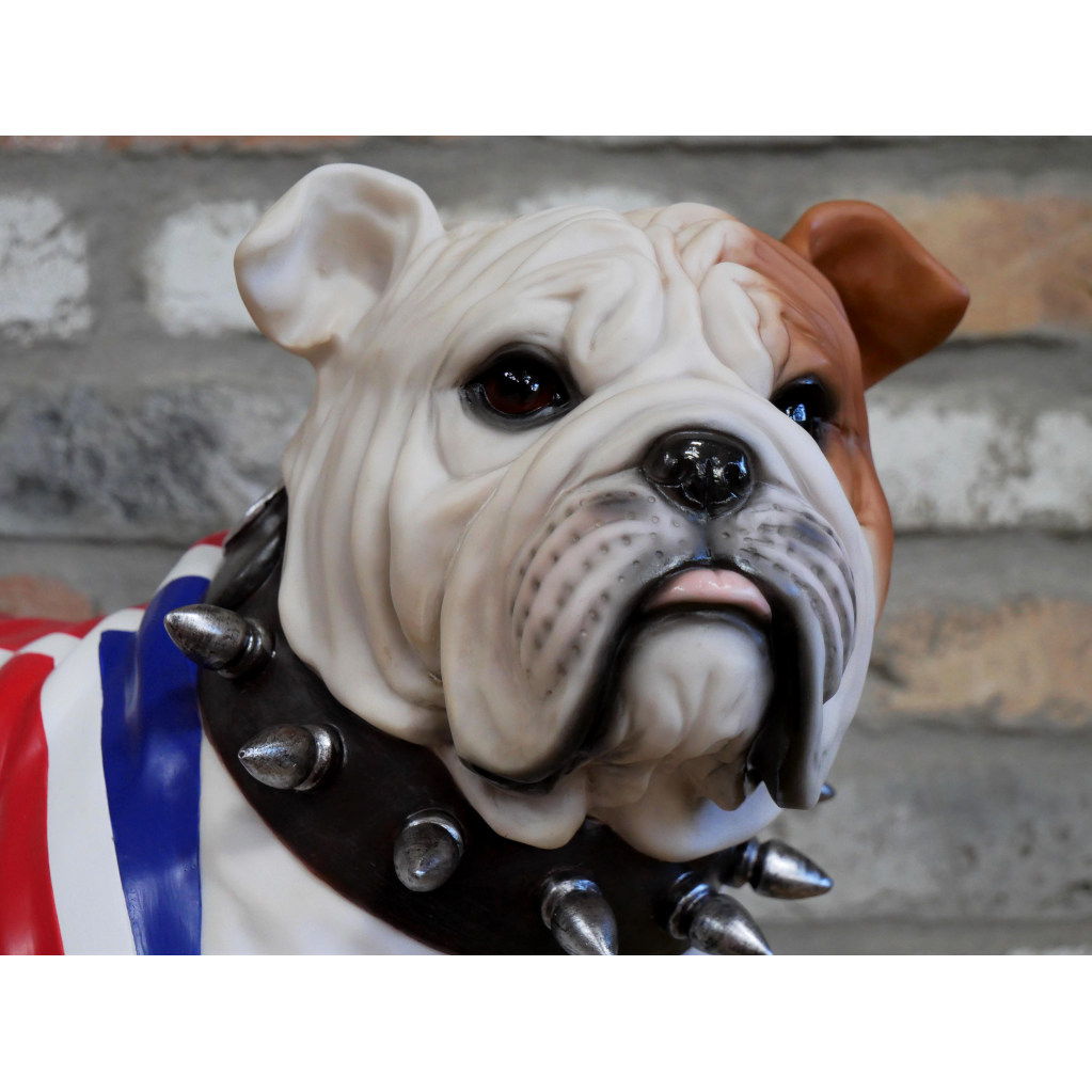 Sitting British Bulldog Statue With Union Jack Flag And Spiked Collar