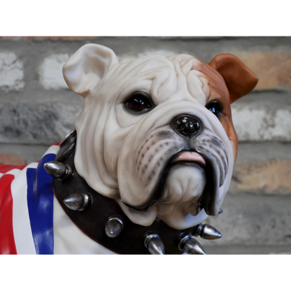 Sitting British Bulldog Statue With Union Jack Flag And Spiked Collar