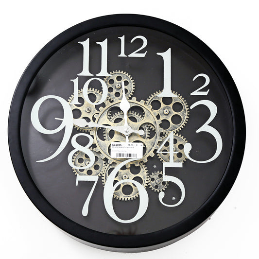 Wall Clock With Numerals And Moving Gears 38cm Large Black