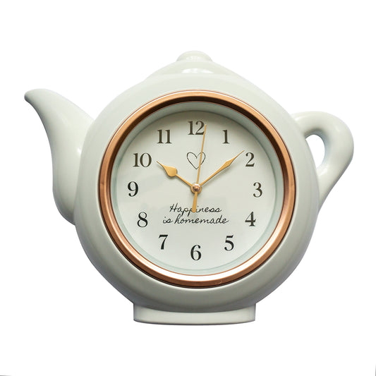 White Teapot Shape Kitchen Wall Clock with Copper Colour Trim