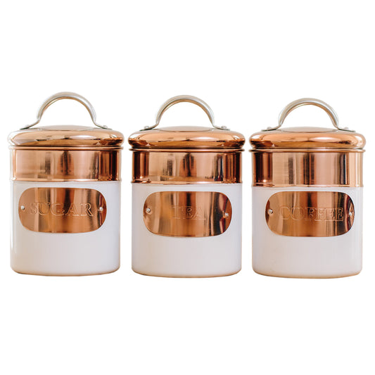 White & Copper Metal Tea Coffee Sugar Storage Canister Set