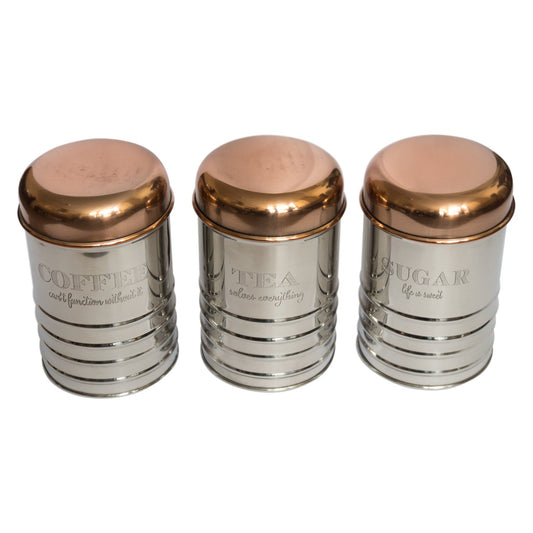 Silver Coloured Tea Coffee Sugar Storage Canisters With Copper Colour Lids