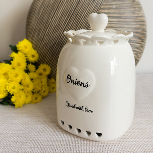 White Love Heart Ceramic Onions Storage Jar