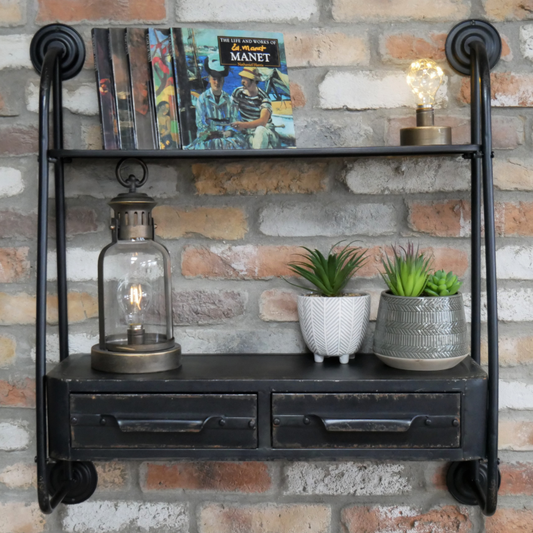 Industrial Wall Display Shelf With Two Drawers 