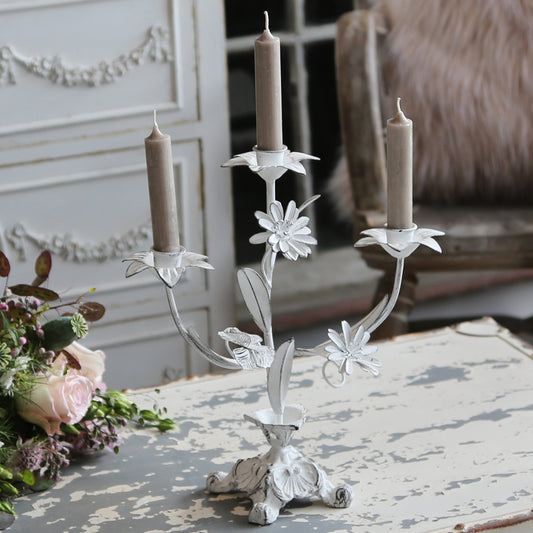 French Antique White Candlestick With Flower Decor For Five Dinner Candles 