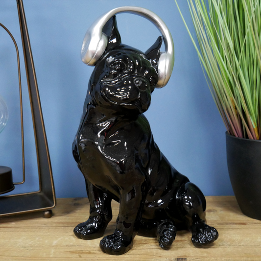 Black Sitting French Bulldog With Headphone Ornament 