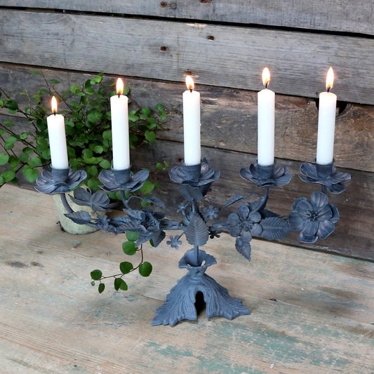 French Zinc Candlestick With Flower Decor For Five Dinner Candles 