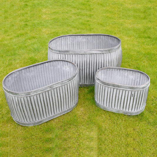 Set Of 3 Galvanized Metal Oval Tubs Rustic Outdoor Flower Planter Pots