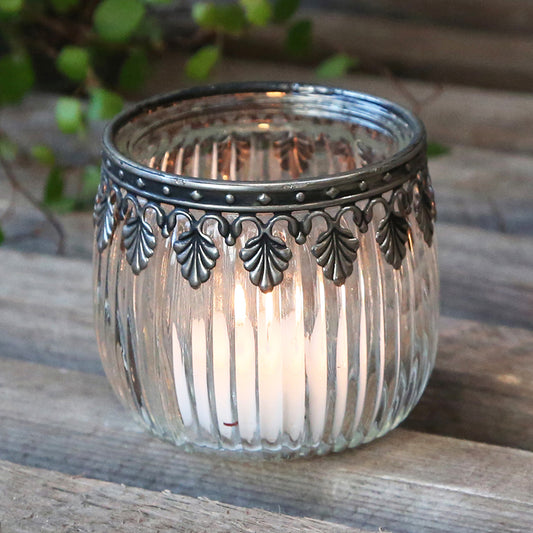 Vintage Style Glass Tea Light Candle Holder with Antique Iron Decor