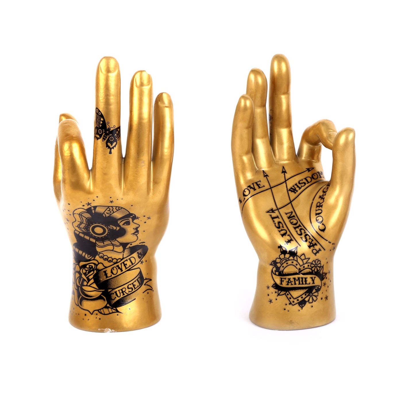 Golden Carnival Phrenology Hands Tattoo Palmistry Hand Figurine Ring Holder