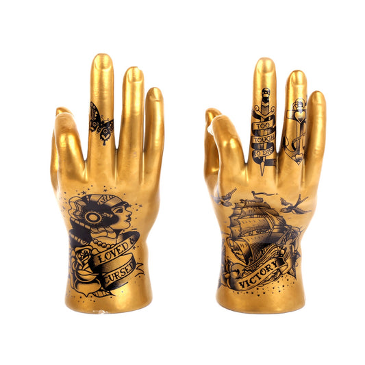 Golden Carnival Phrenology Hands Tattoo Palmistry Hand Figurine Ring Holder