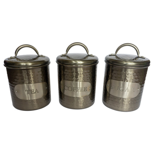 Grey Hammered Metal Tea Coffee Sugar Storage Canister Set 