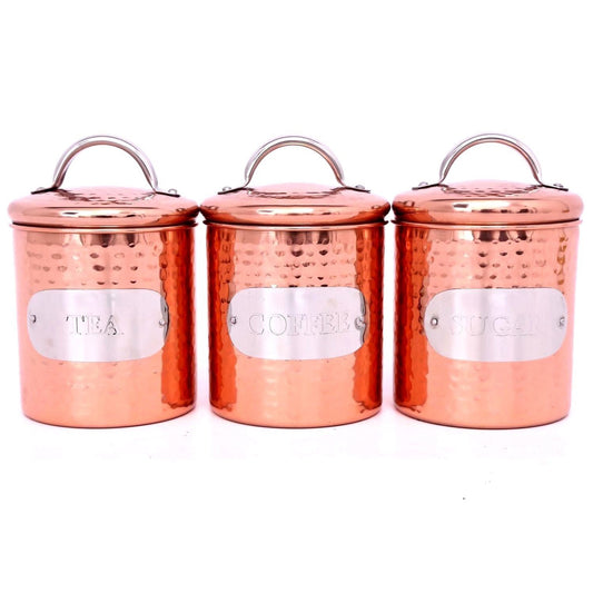 Hammered Copper Metal Tea Coffee Sugar Storage Canister Set
