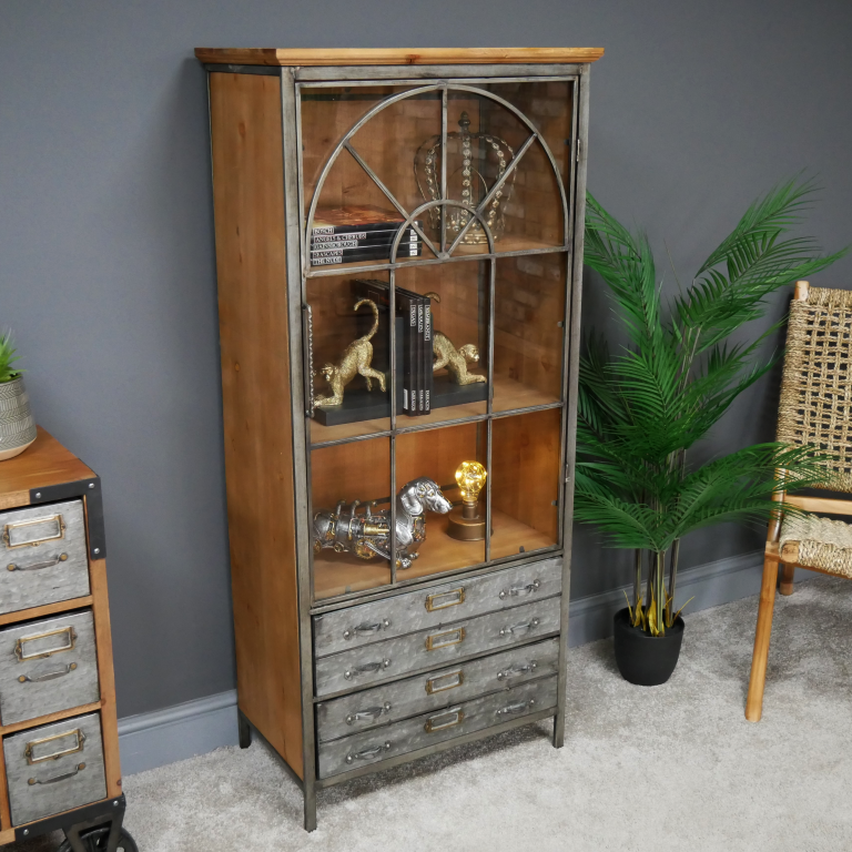 Rustic Display Cabinet With Shelves Storage Drawers