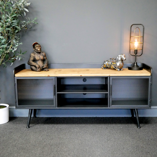 Industrial Style Metal TV Media Cabinet With Two Open Shelves and Two With Glass