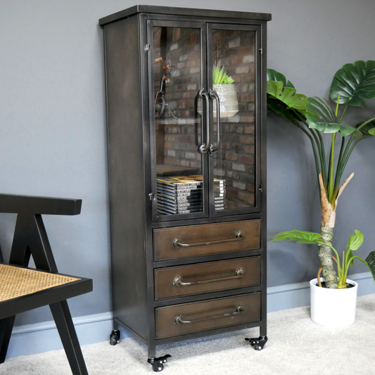 Industrial Style Tall Metal Display Cabinet With Drawers