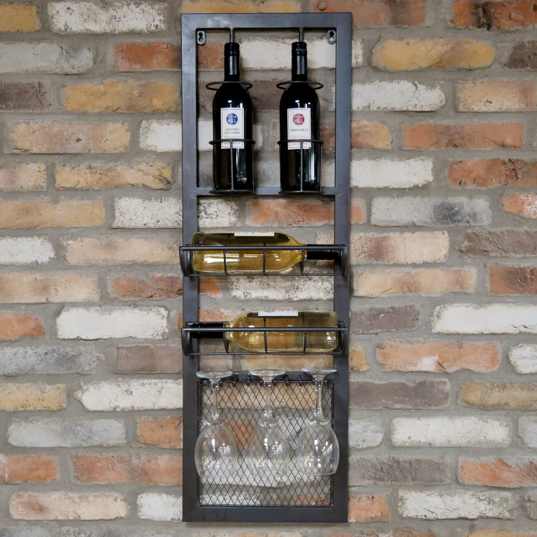Industrial Style Metal Wall Wine Bottle And Glass Display Rack 