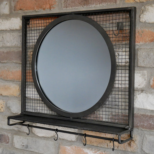 Industrial Wall Mirror With Shelf & Hooks
