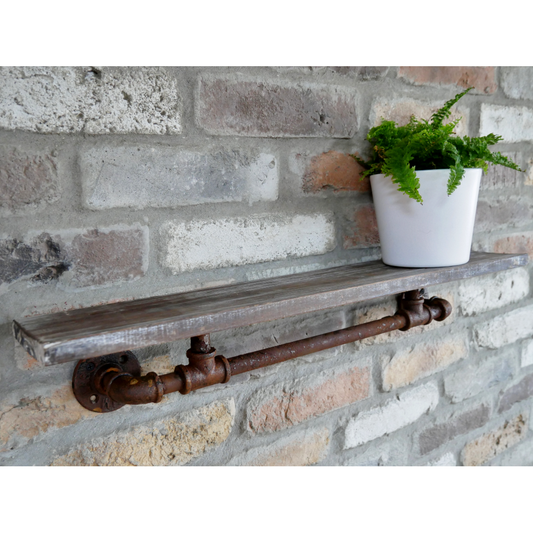 Rustic Industrial Pipe Look Wall Display Shelf With Wooden Plinth Top