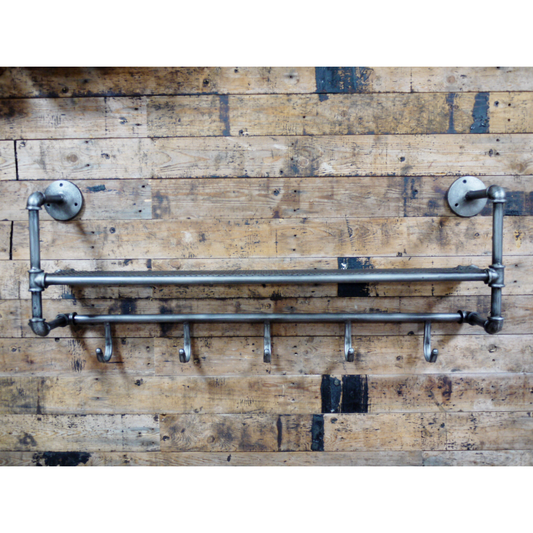 Industrial Pipework Wall Storage Shelf With Coat Hooks