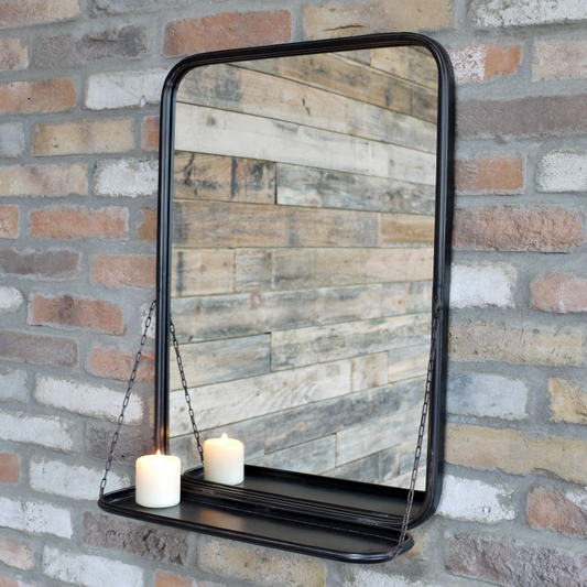 Industrial Style Wall Mirror With Display Shelf - Black