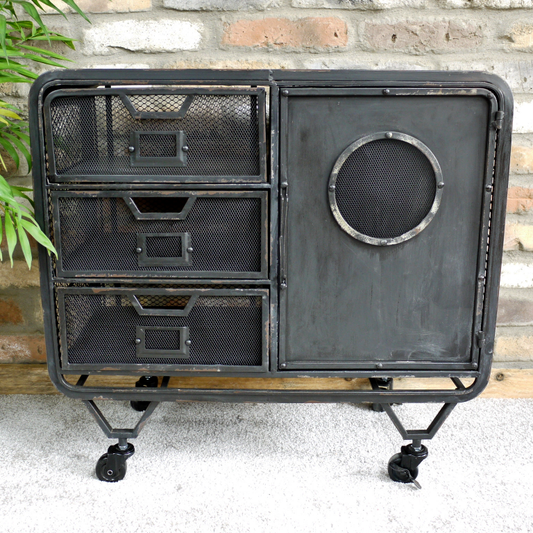 Industrial Style Black Distressed Finish Drawers Cabinet On Wheels