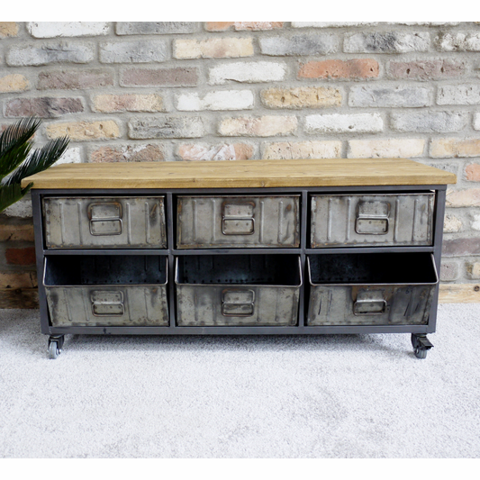 Industrial Low Sideboard Media Cabinet With 6 Metal Drawers
