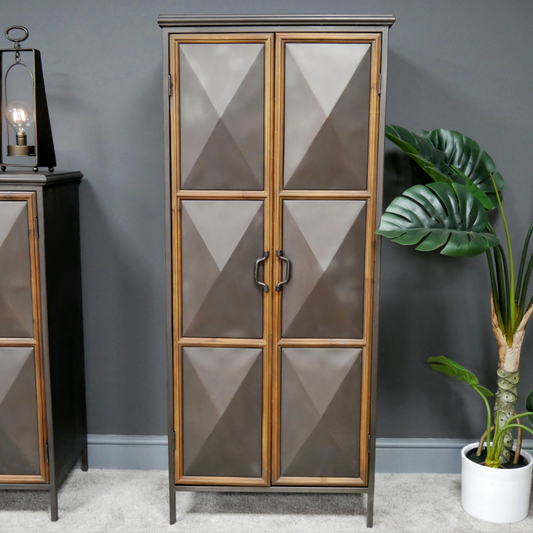 Industrial Style Tall Metal Storage Cabinet With Wooden Trim Doors