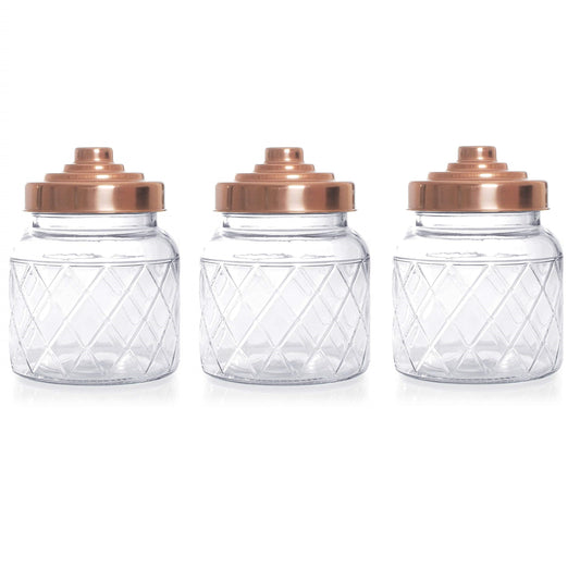 3 x Glass Storage Jars Copper Lids Coffee Tea Sugar Canisters