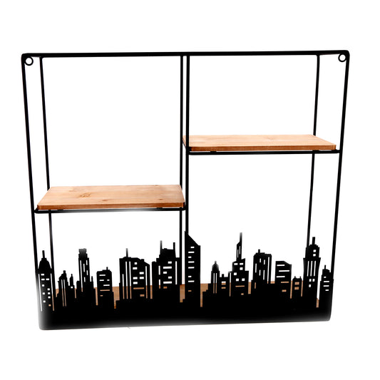 Industrial Multi Section Wall Display Shelf With City Skyline Cutout In The Background
