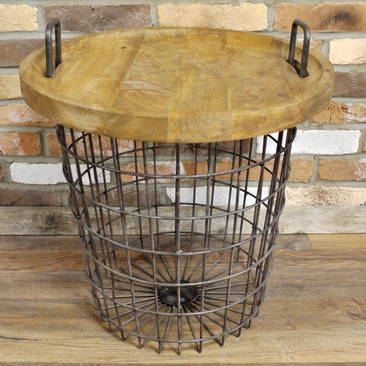Rusted Metal Wire Basket Table With Wooden To