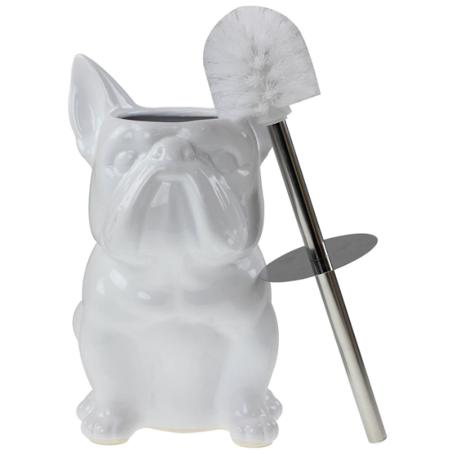White Ceramic Bulldog Shape Toilet Brush & Holder Set