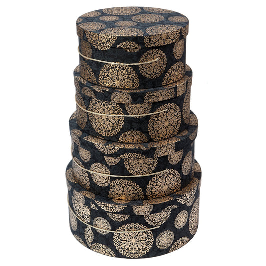 Round Luxury Wedding Hat Boxes With Rope Cord Handle Black & Gold 