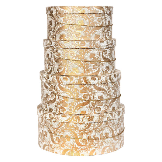 Round Luxury Wedding Hat Boxes With Rope Cord Handle Cream Gold