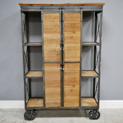 Industrial Display Cabinet With Shelves and Sliding Doors