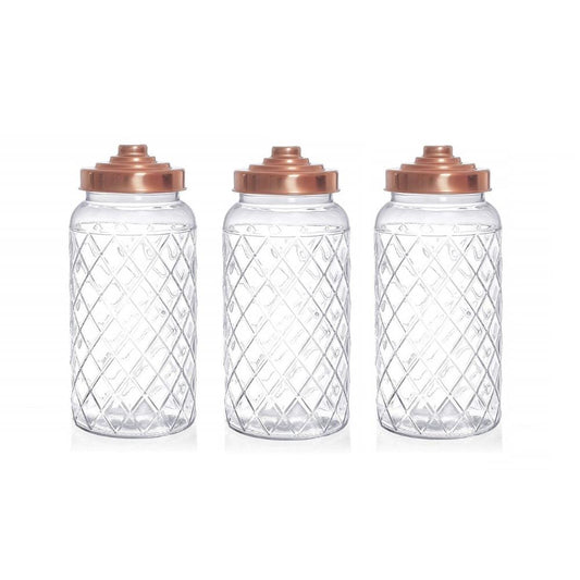 3 x Glass Storage Jars With Copper Lids Coffee, Tea, Sugar Canisters