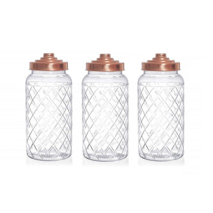 3 x Glass Storage Jars With Copper Lids Coffee, Tea, Sugar Canisters