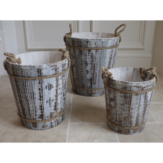 Set of 3 Shabby Chic Style Wooden Buckets With Rope Handles