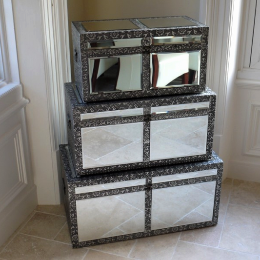Silver Embossed Mirrored Storage Trunks