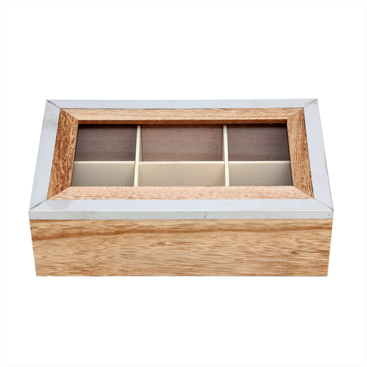 Wooden Tea Bag Sachet Storage Box With Silver Colour Trim