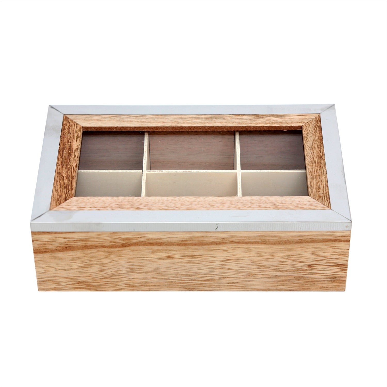 Wooden Tea Bag Sachet Storage Box With Silver Colour Trim